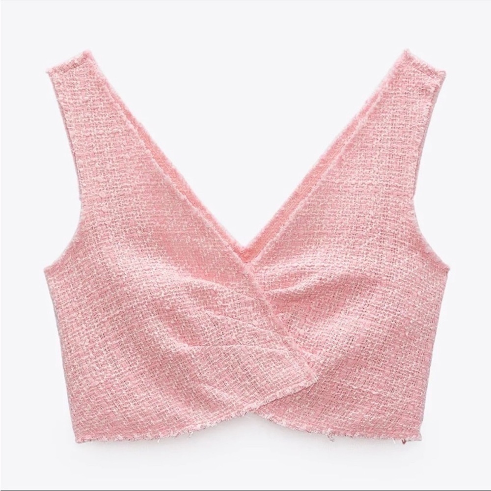 Zara Pink Tweed Top Tank Crop Cropped Fringe S